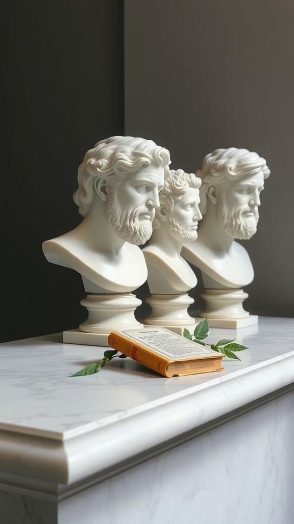 Marble Busts And Laurel On Pedestal Ledge