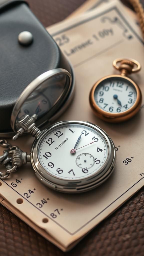Pocketwatch, Desk Clock, And Faded Timecards