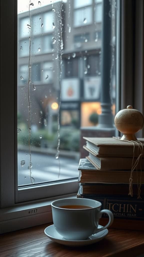 Rainy Window, Stacked Books, And Tea Steam