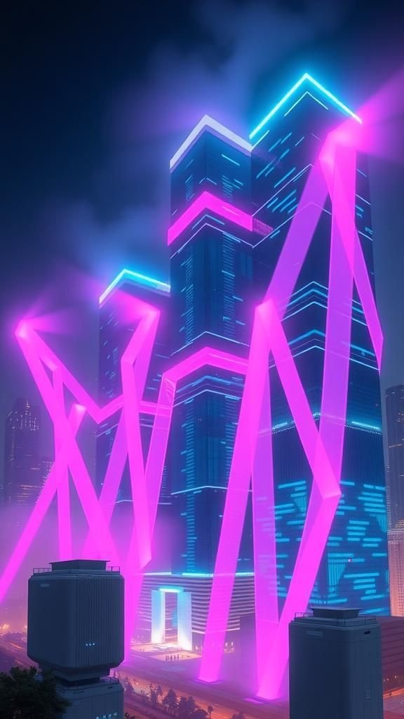Arcology Skyline Wrapped In Holographic Weather