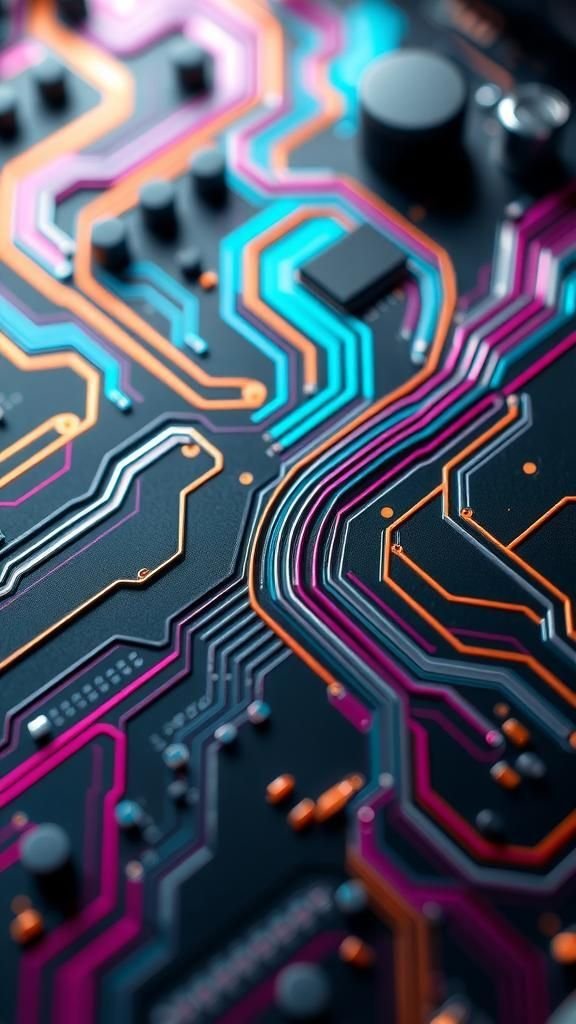 Quantum Circuit Rivers On Iridescent Motherboard