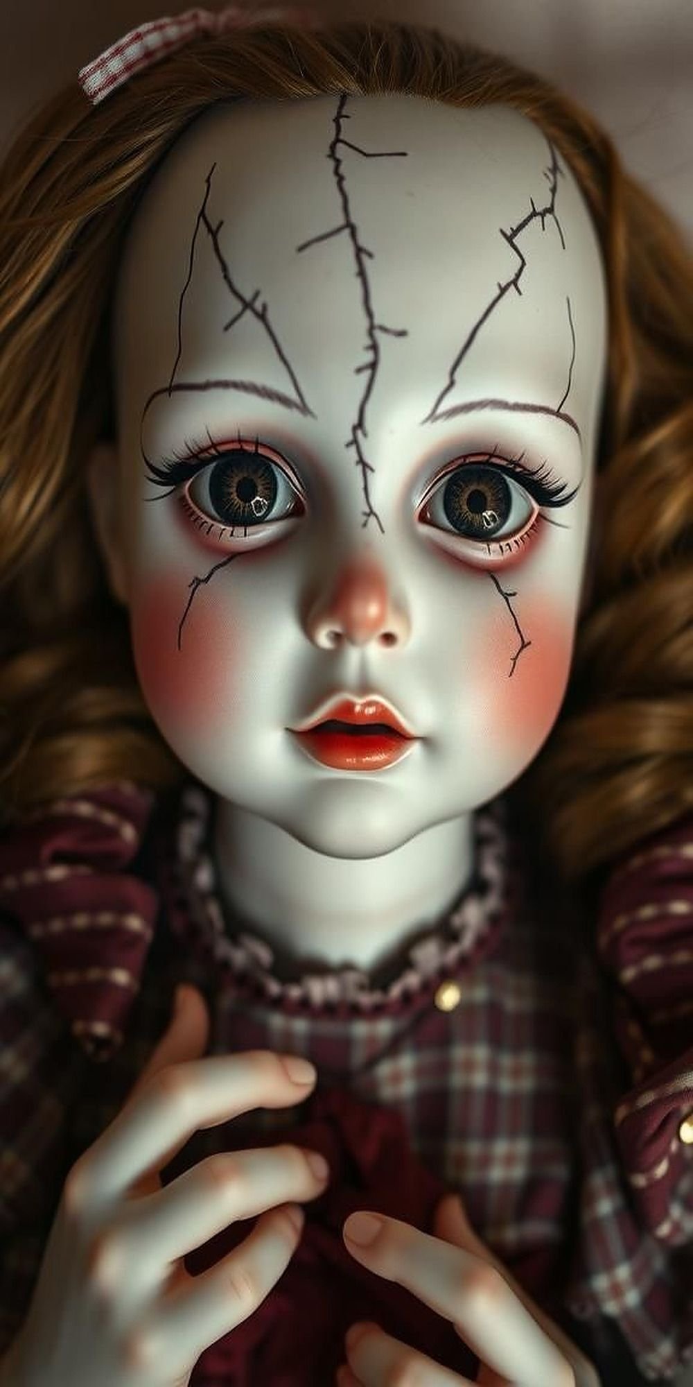 Creepy Doll With Broken Face And Dark Eyes