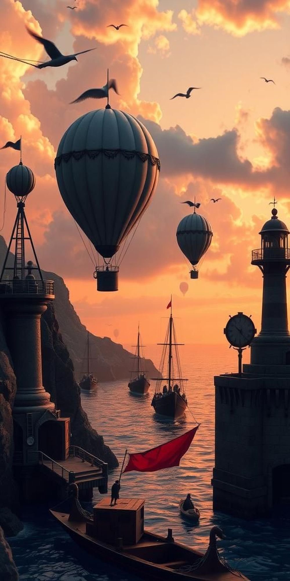 Brass Airship Harbor At Peach-Toned Dawn