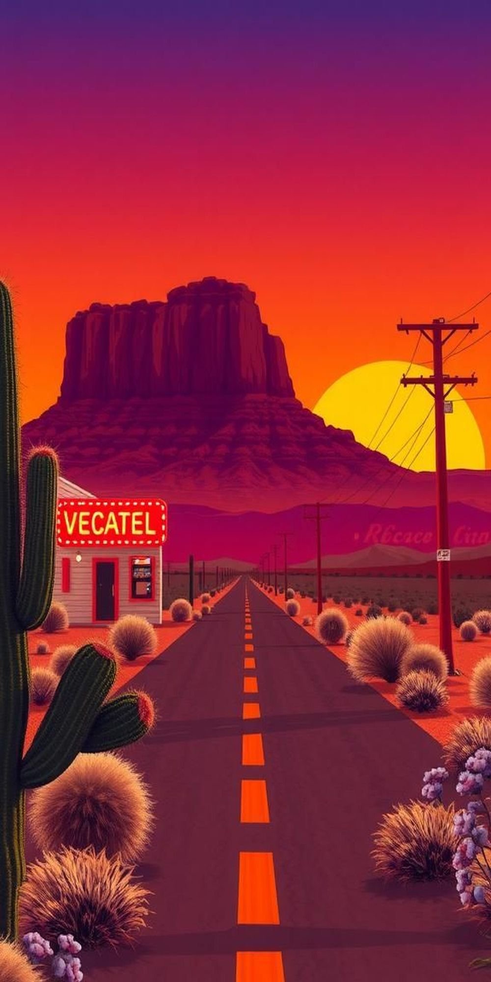 Pixel Desert Highway And Flickering Motel Signs