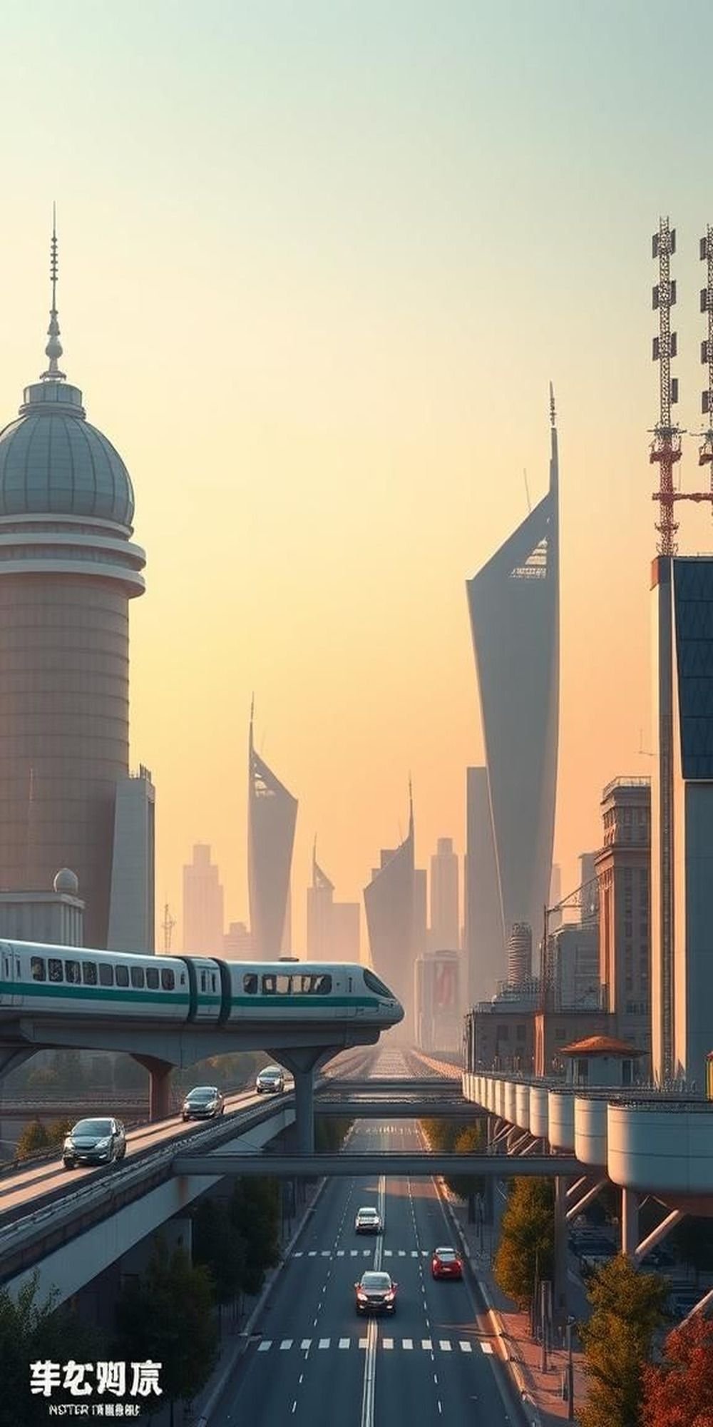 Retro Futuristic Skyline With Hovercars And Monorail