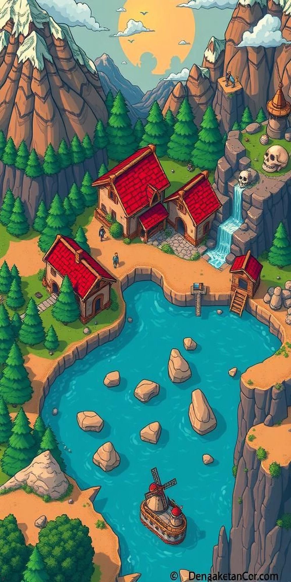 RPG Overworld Map With Towns, Rivers, Dungeons