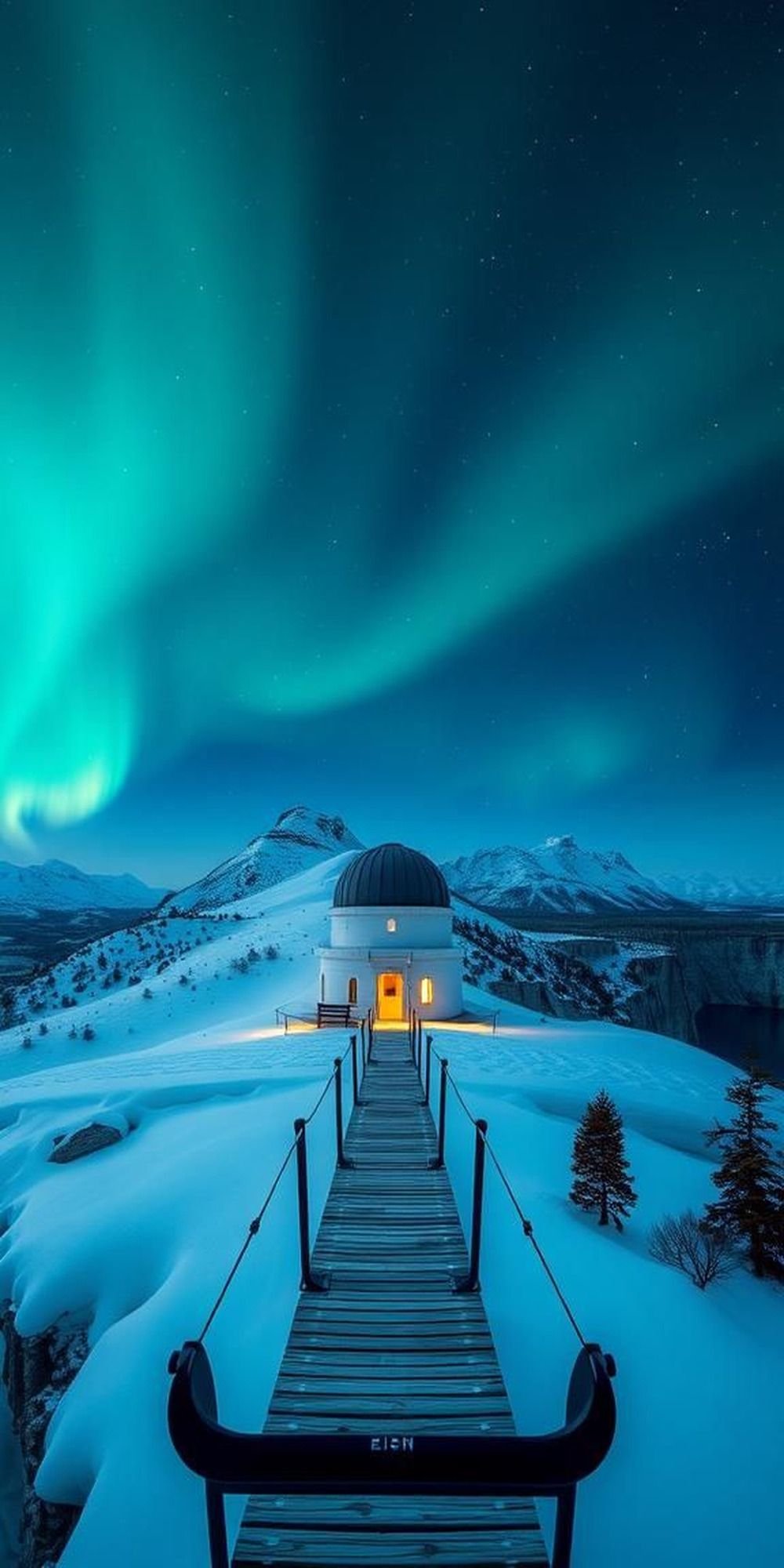 Snowy Mountainside Observatory Under Shifting Aurora