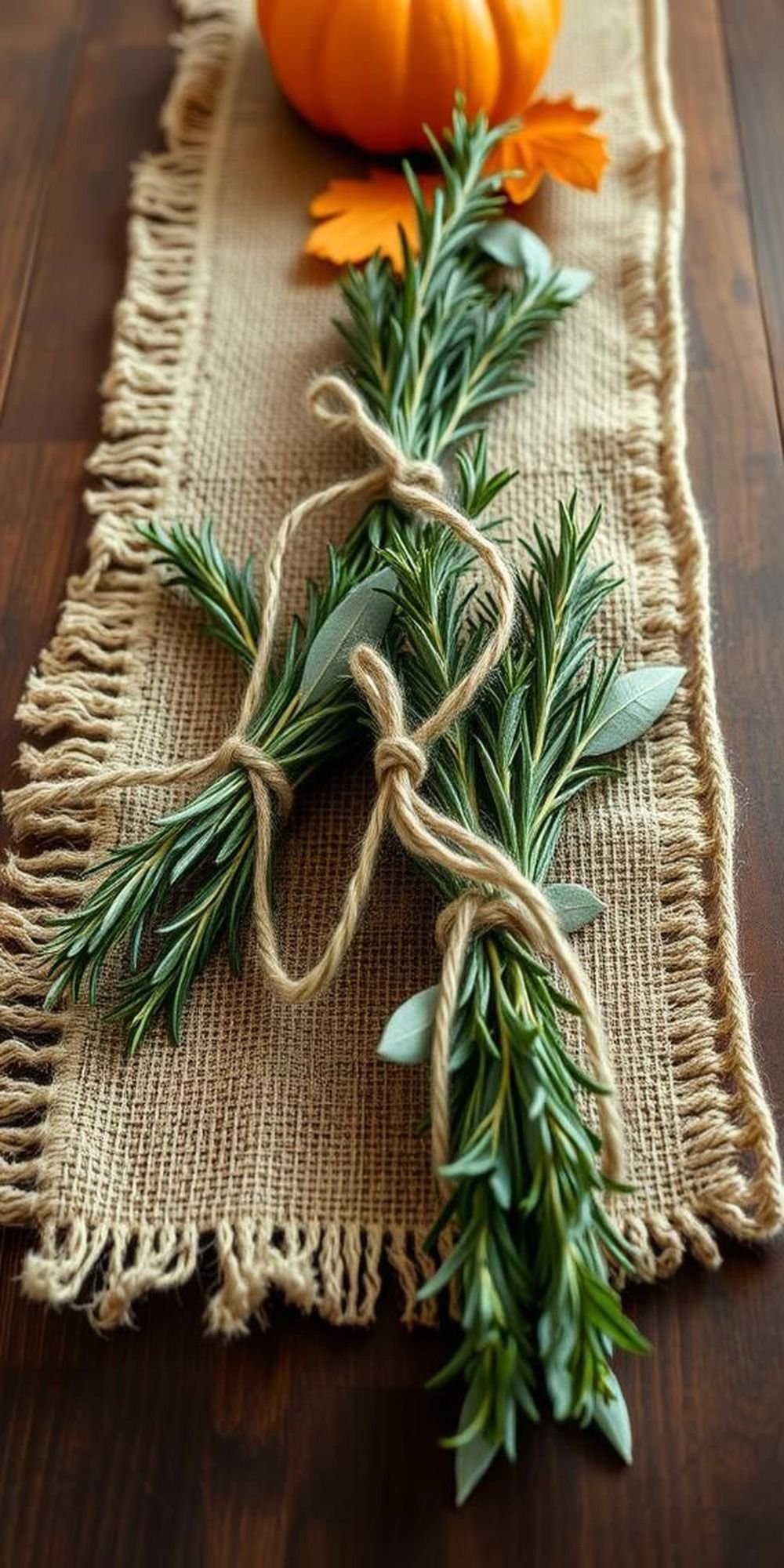 Burlap Runner With Hand-Tied Herb Bundles