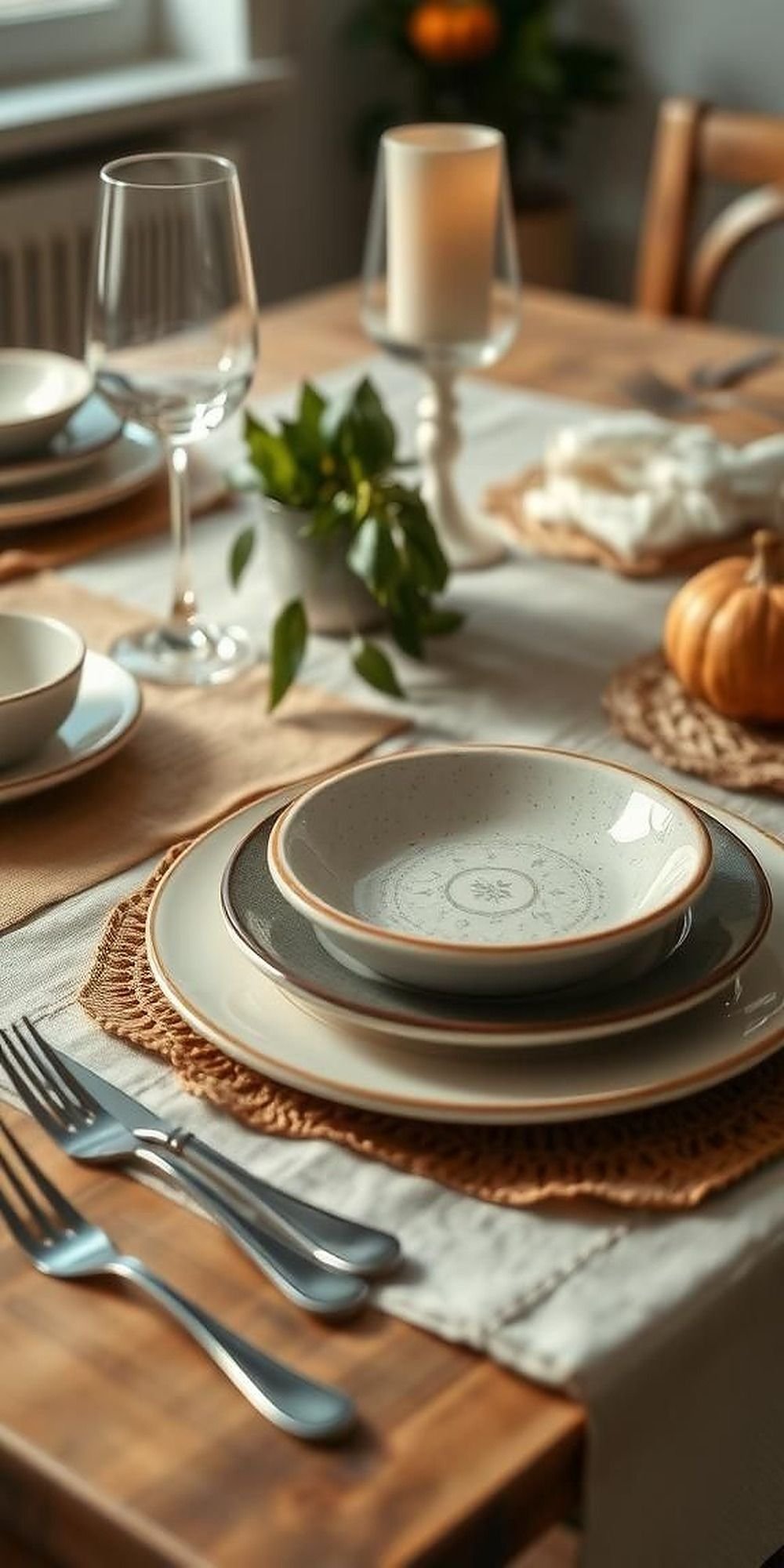 Layered Earthenware Plates With Linen Placemats