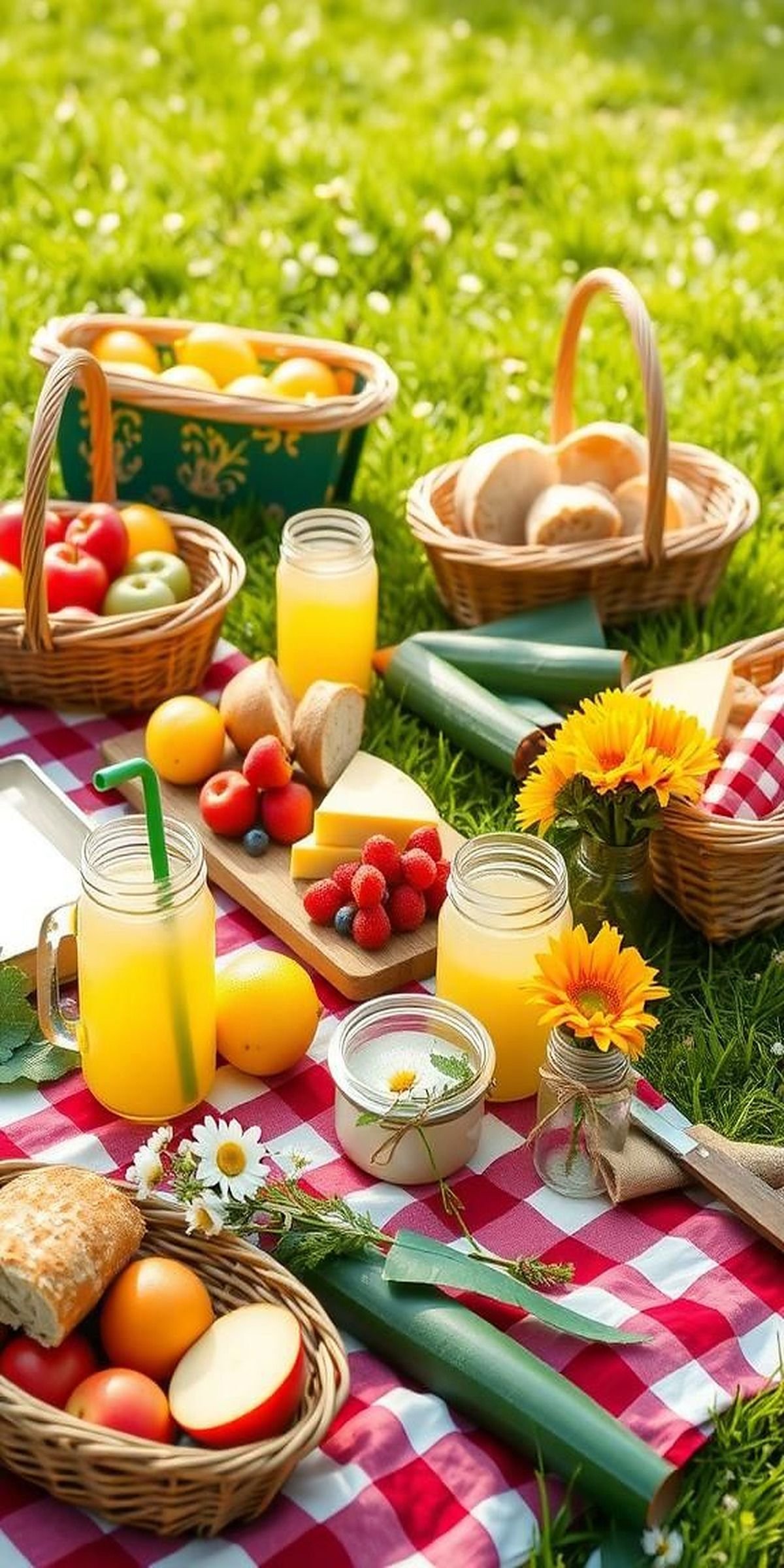 Garden Picnic With Checkered Blankets And Fresh Produce
