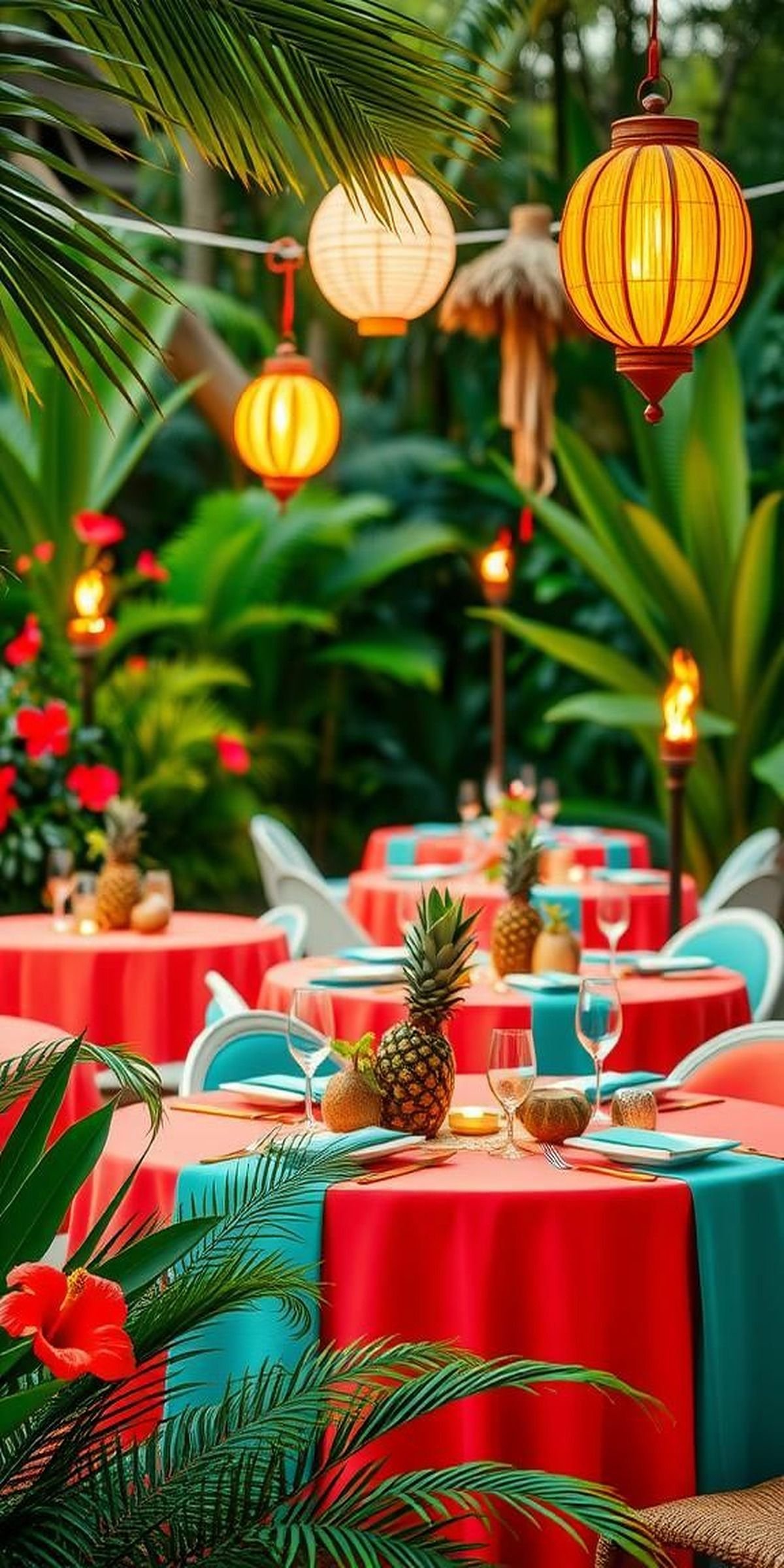 Tropical Oasis With Bright Colors And Exotic Plants