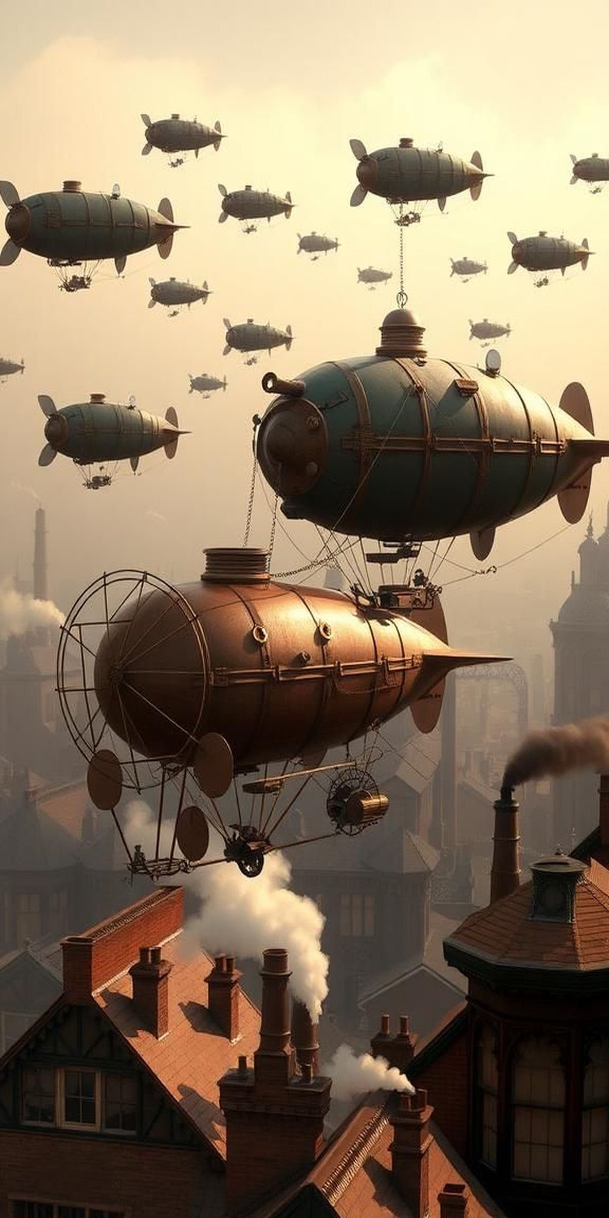 Airship Armada Drifting Over Rusted Rooftops