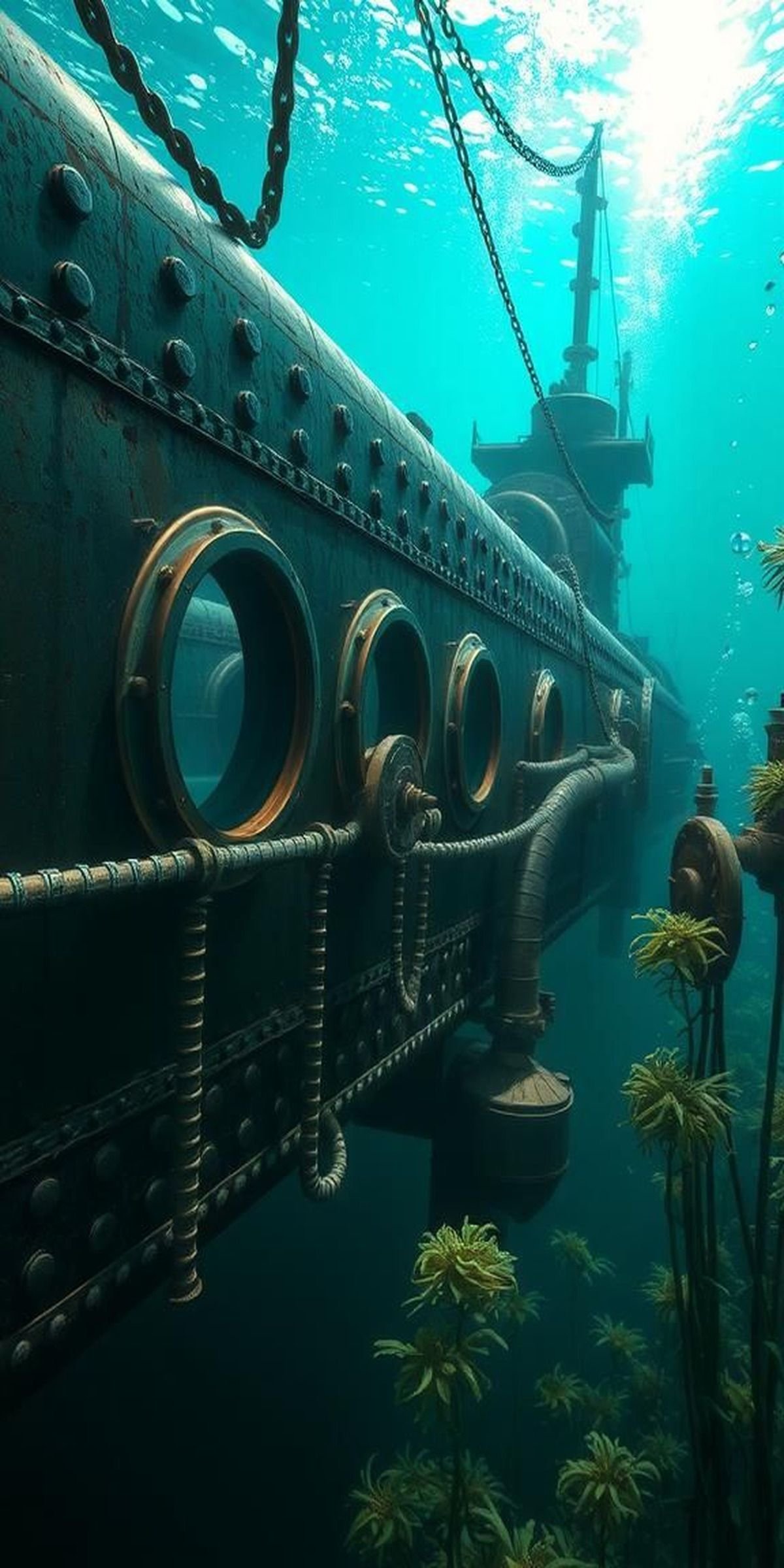Submerged Submarine With Portholes And Kelp Forest