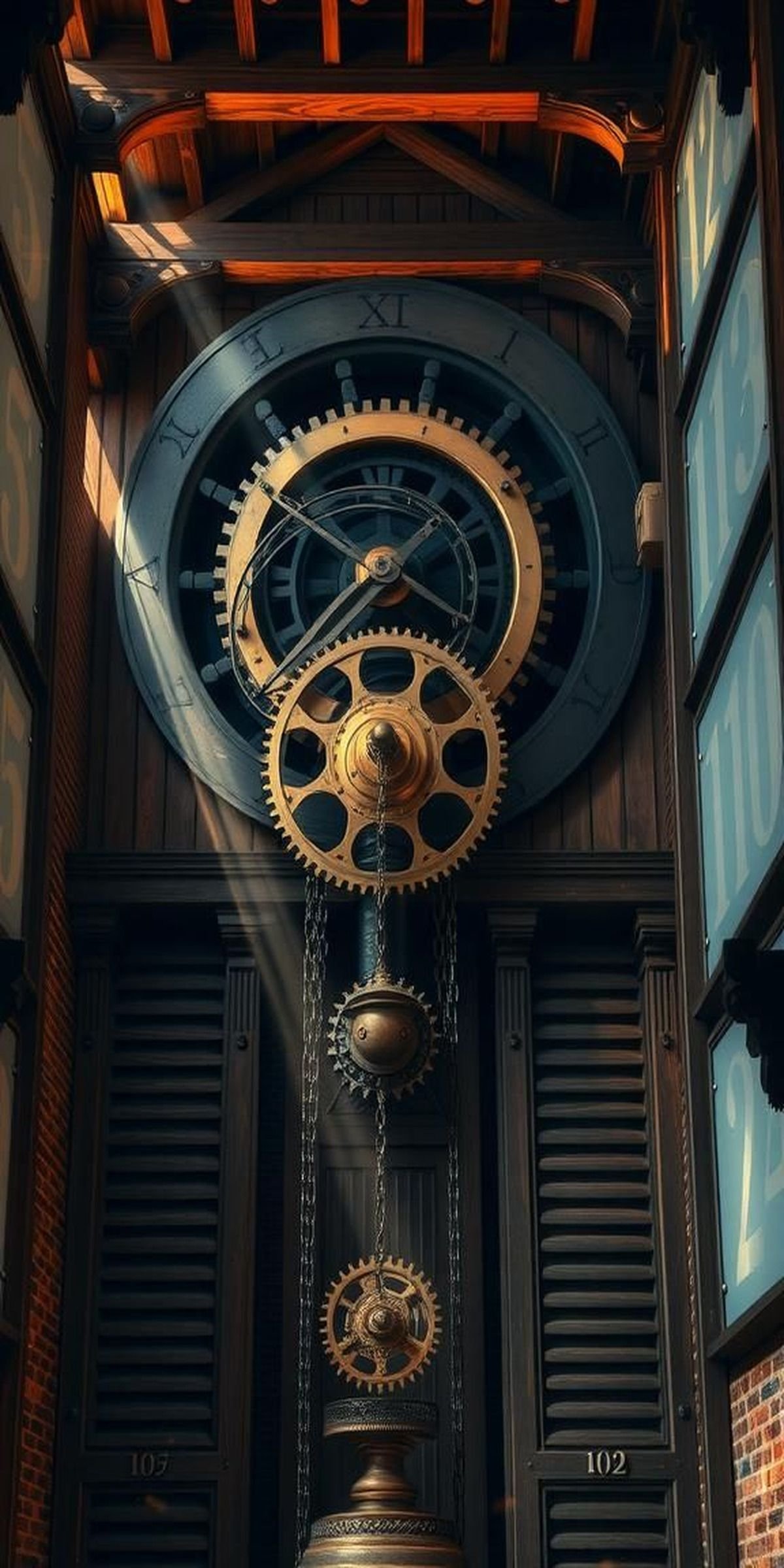 Sunlit Clock Tower Interior With Dust And Gears