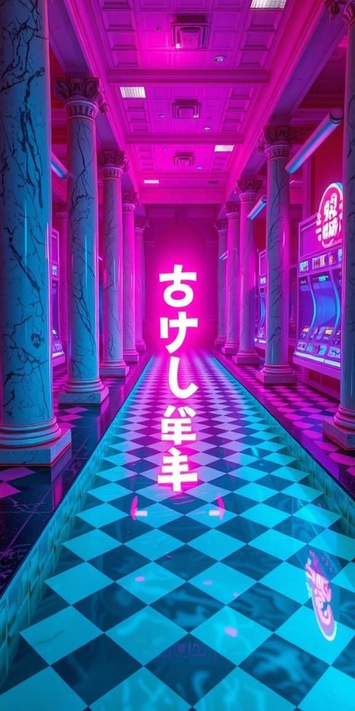Ancient Columns With Floating Katakana Neon