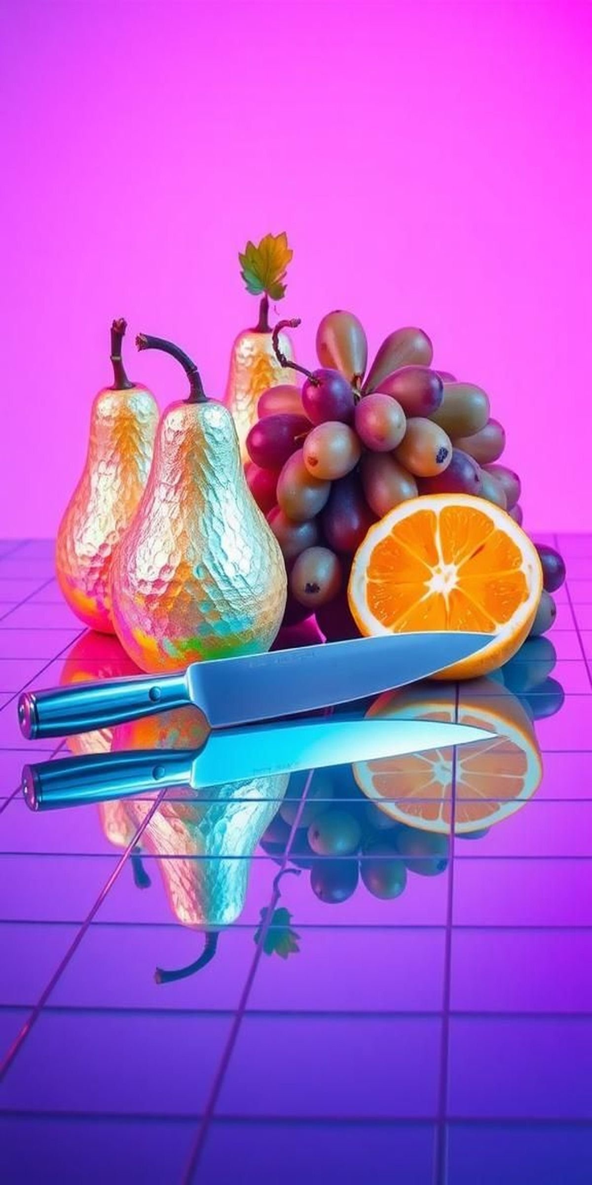 Holographic Fruit Still Life On Grid
