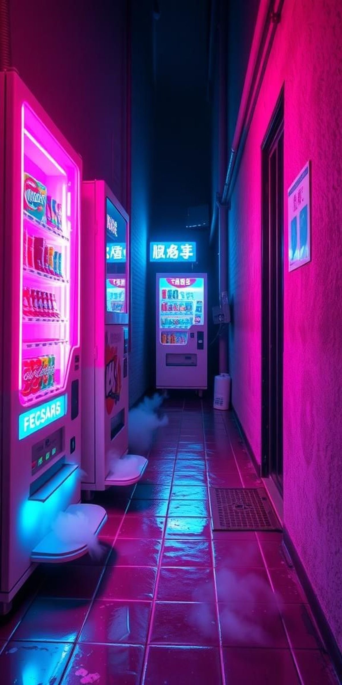 Neon Vending Machines In An Empty Alley