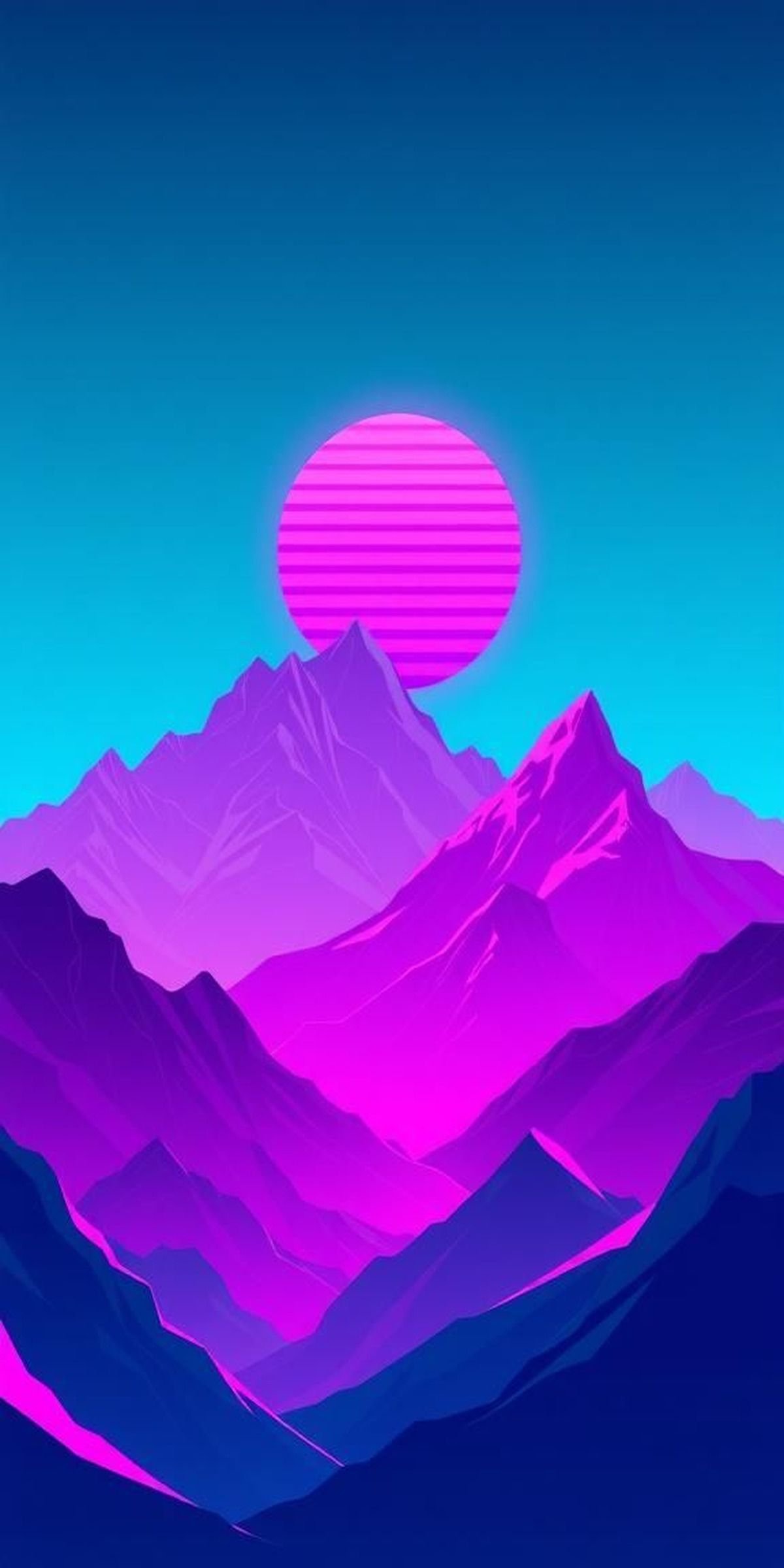 Pixel Mountains Under A Gridded Neon Sun
