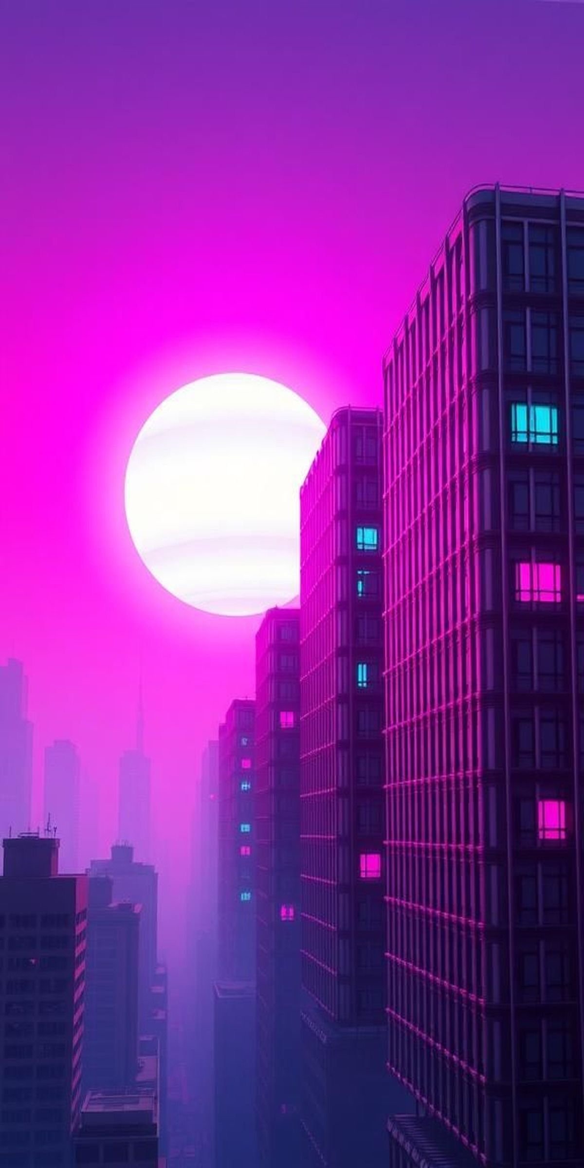 Retro Cyber City Skyline And Striped Sun