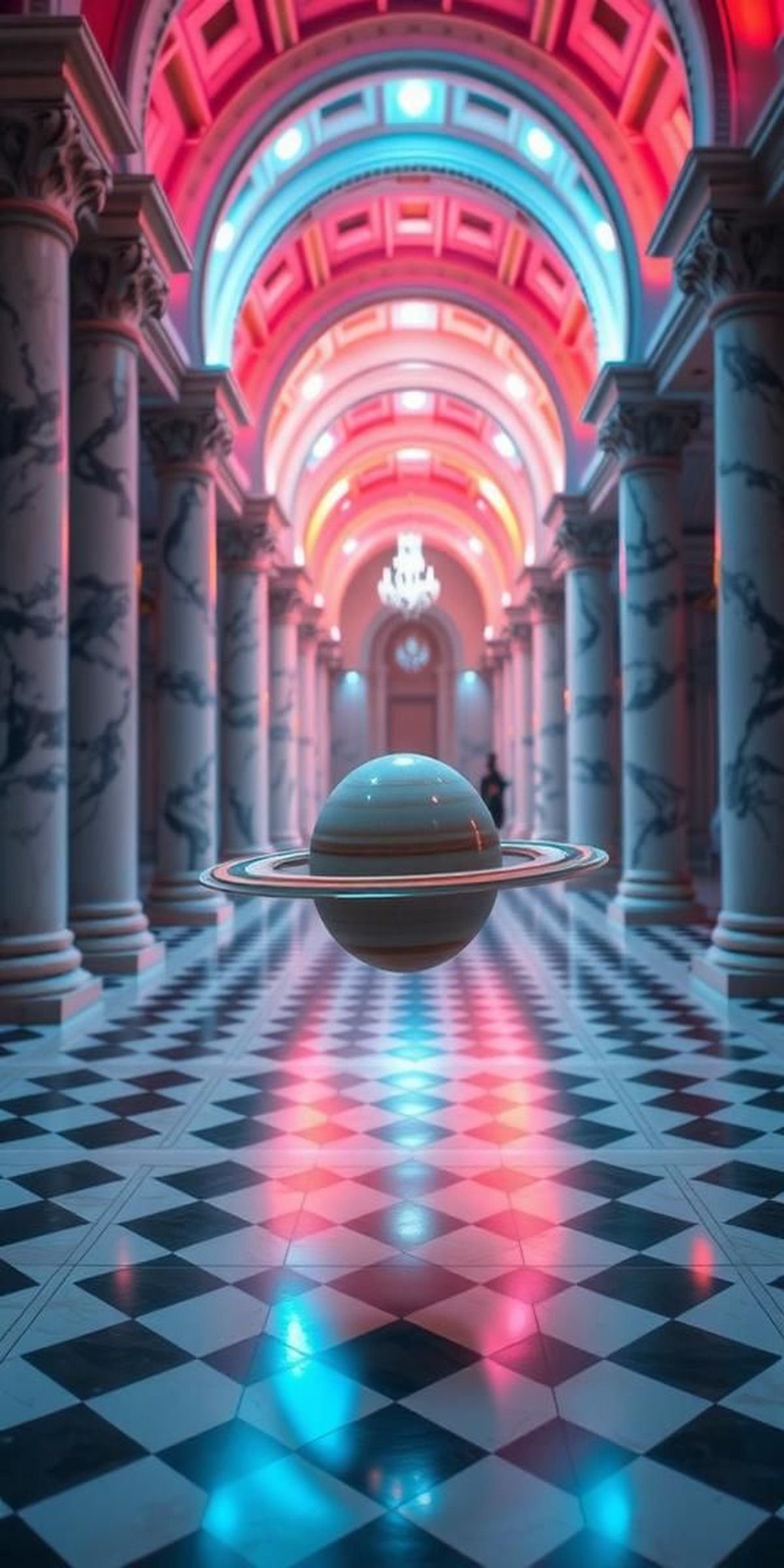 Saturn Rings Floating Above Checker Hall