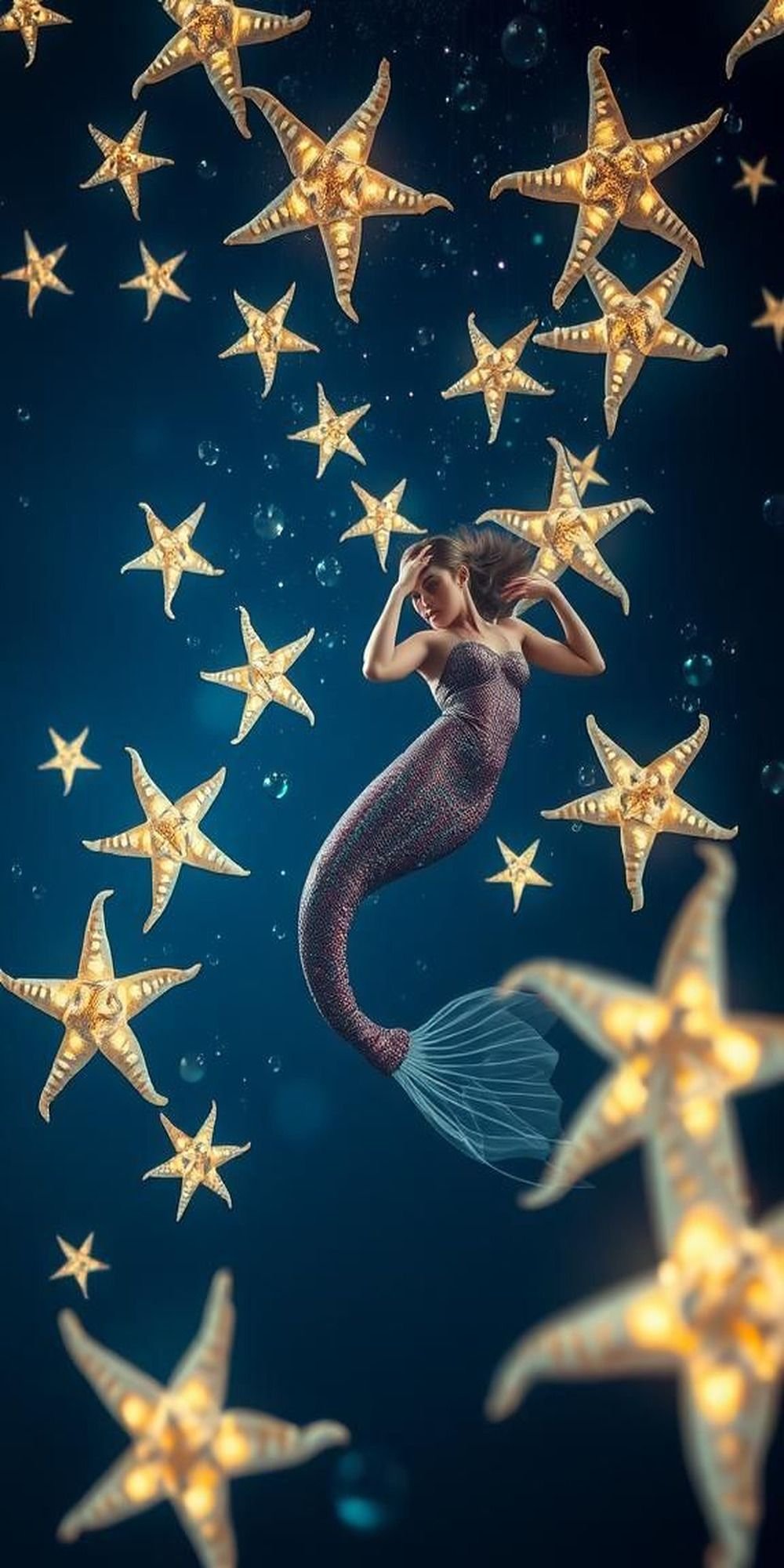 Celestial Mermaid Surrounded by Starfish Constellations