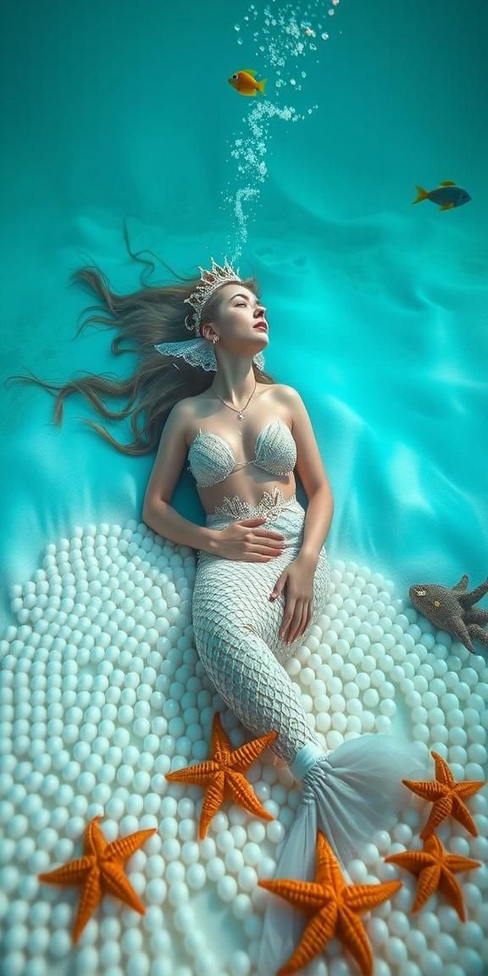 Dreamy Mermaid Resting on a Bed of Pearls