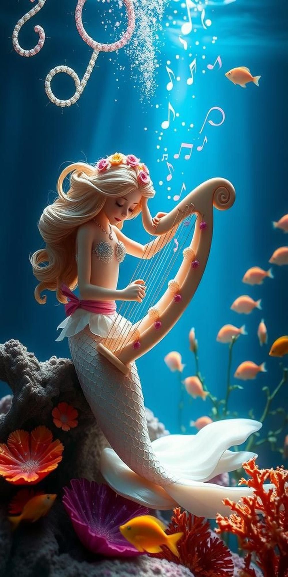 Enchanting Mermaid Playing a Shell Harp