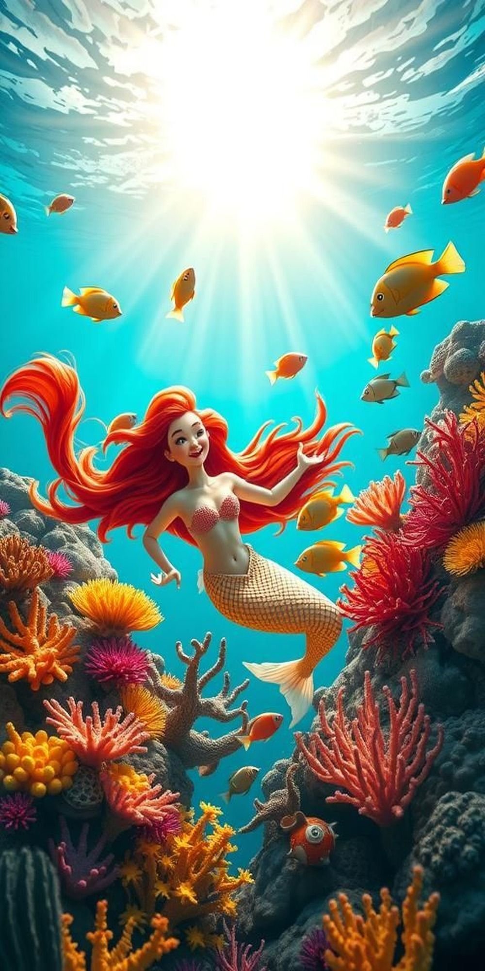 Playful Mermaid Frolicking Among Coral Gardens