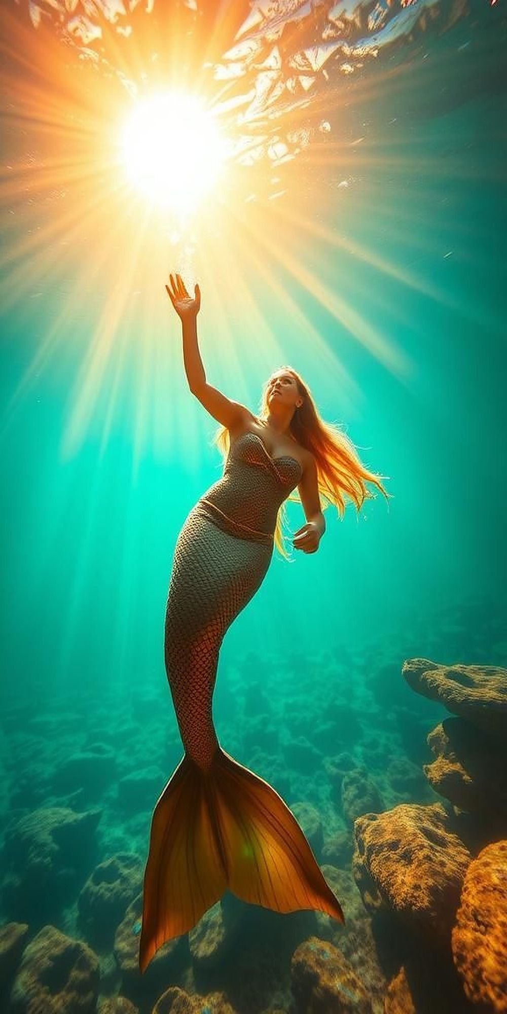 Radiant Mermaid Embracing Sunlight Through Waves