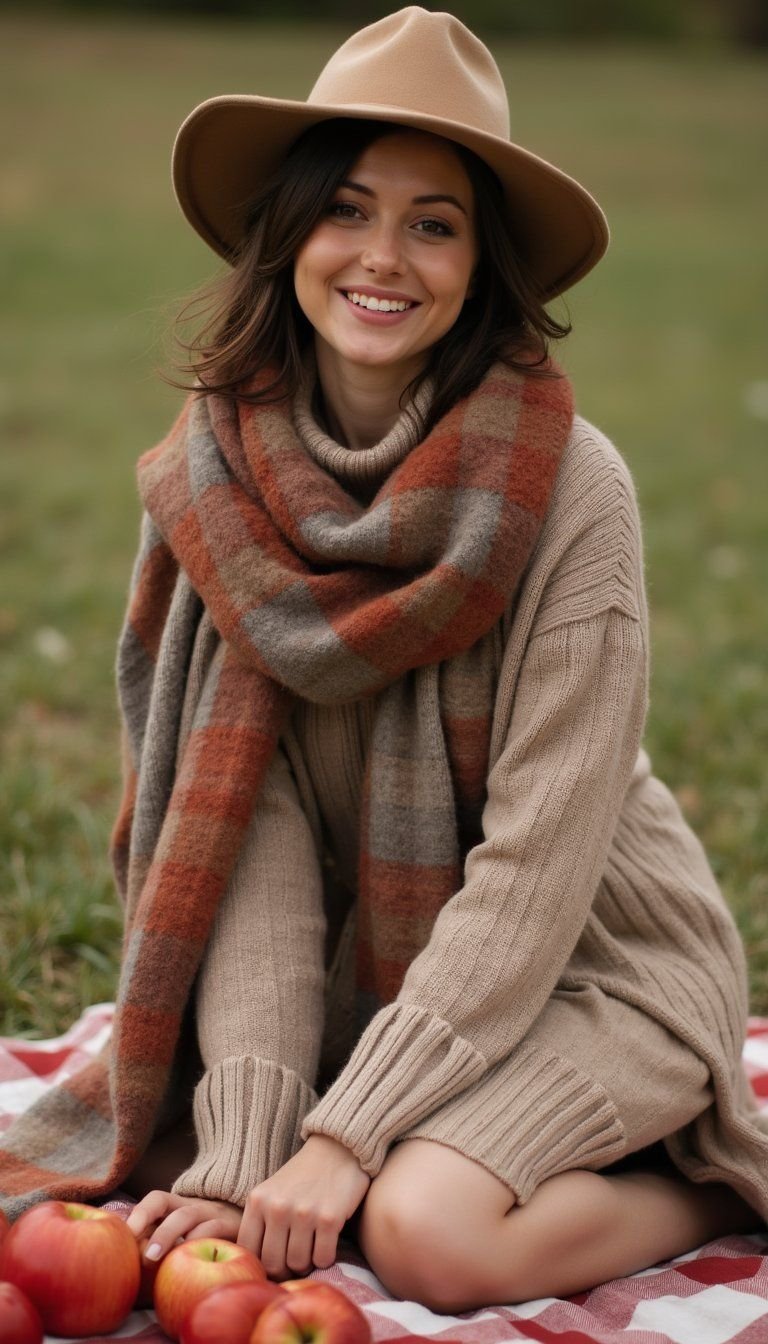 Neutral Knit Set With Plaid Blanket Scarf