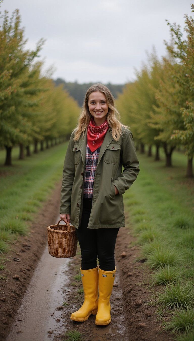 Utility Jacket, Bandana, And Sturdy Rubber Boots