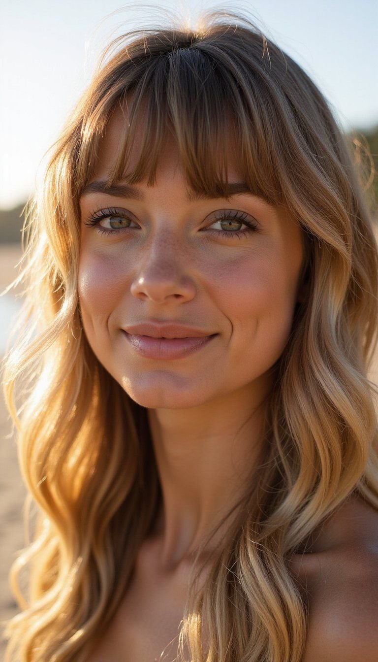 Beachy Waves Framed By Soft Blunt Fringe