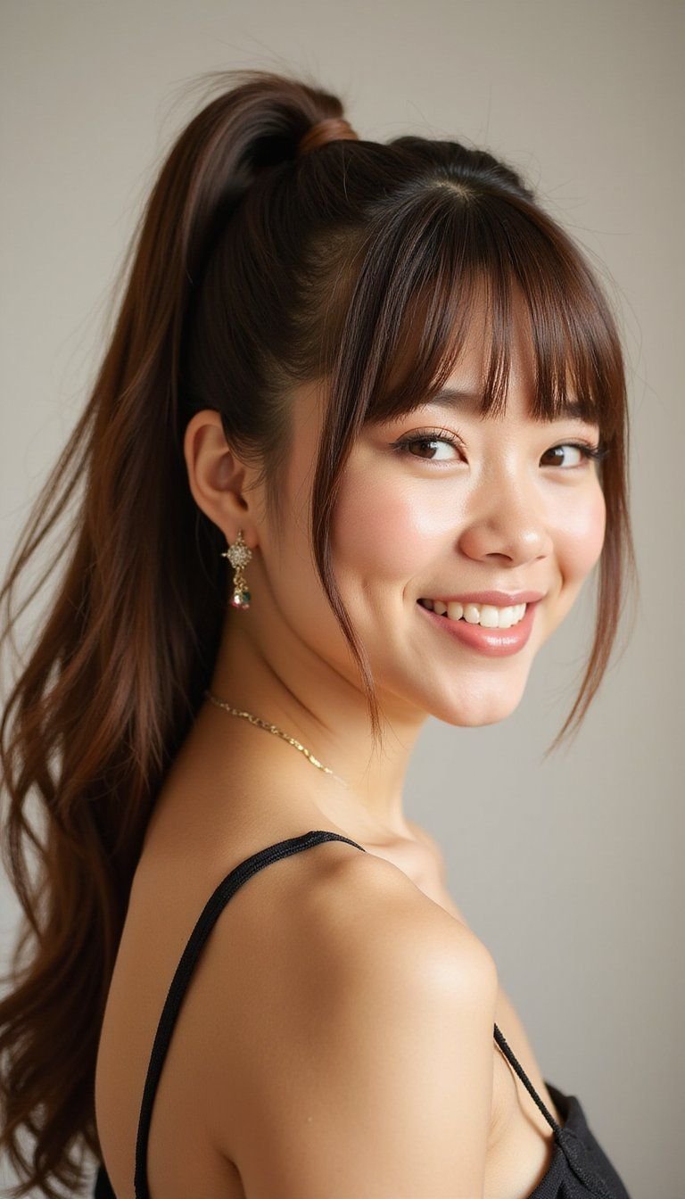 Blunt Bangs Styled With High Sleek Ponytail