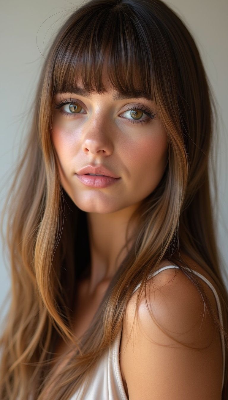 Long Hair With Thick Blunt Bangs Contrast