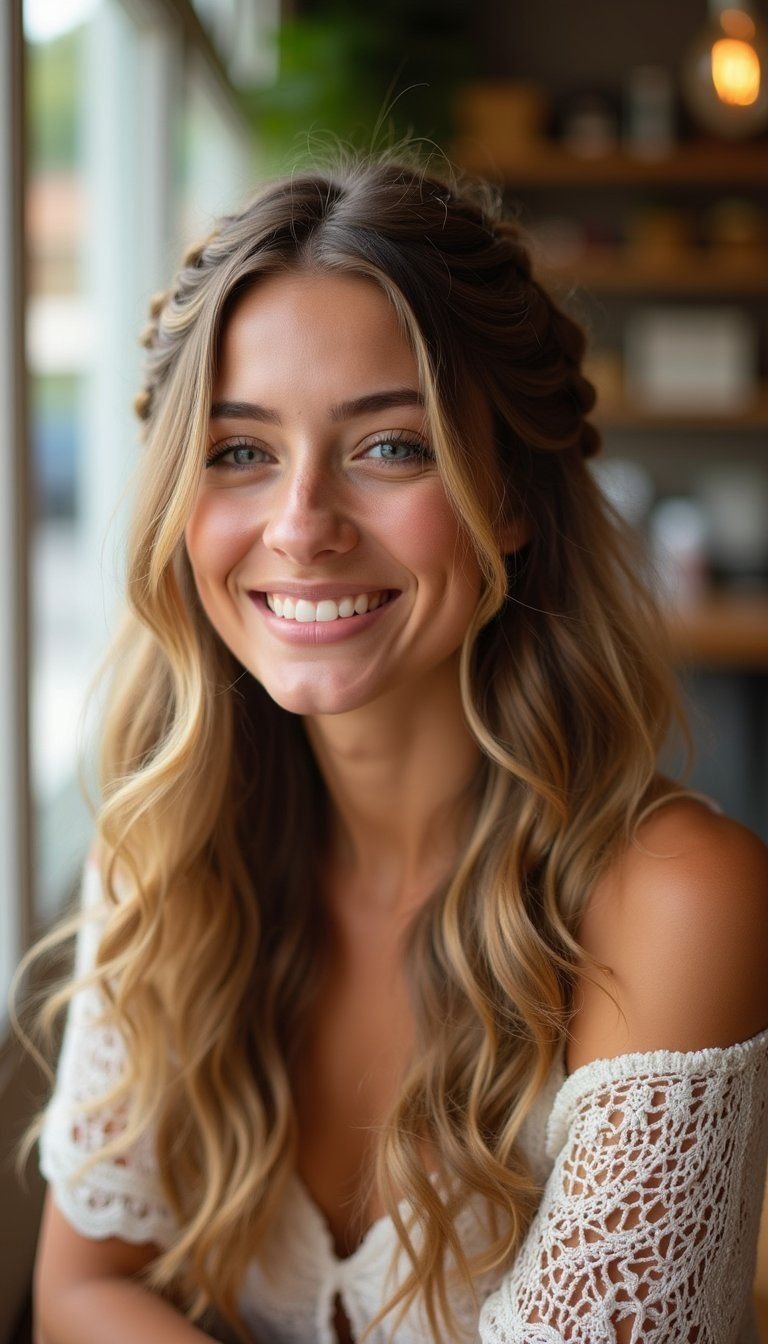 Half-Up Boho Knotless Crown With Loose Waves