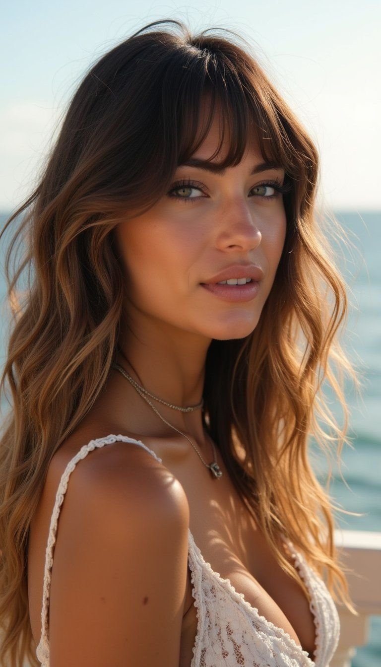 Beachy Waves And Bottleneck Feathered Bangs