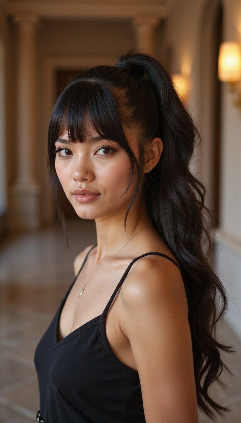 Sleek High Ponytail Featuring Bottleneck Bangs