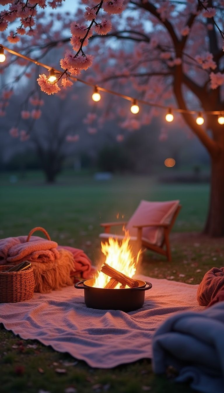 Evening Fire Pit And Warm Blanket Setup