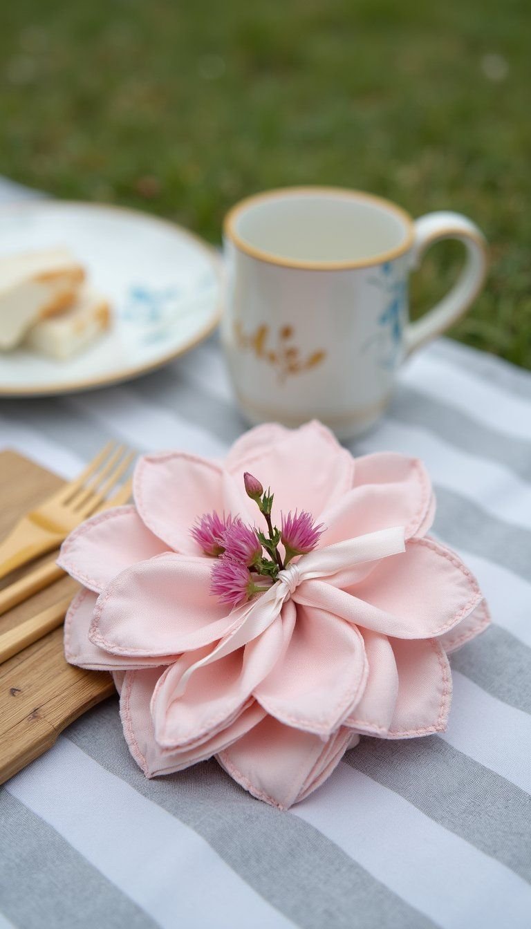 Floral Napkin Folding With Ribbon Tie Accents