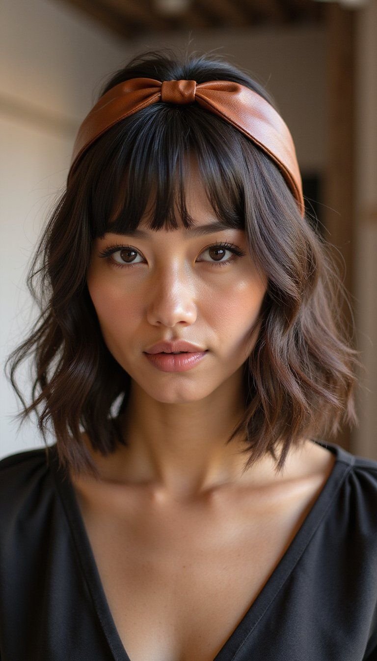 Faux Leather Headband With Textured Shag Cut