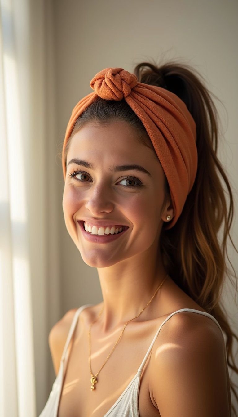 Knotted Turban Headband With High Ponytail