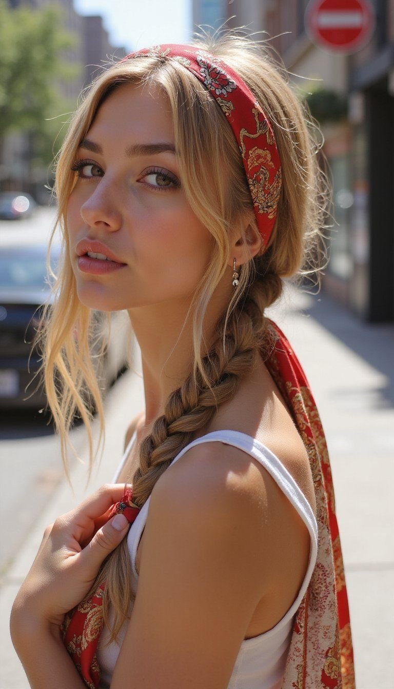 Silk Scarf Headband With Low Braided Ponytail
