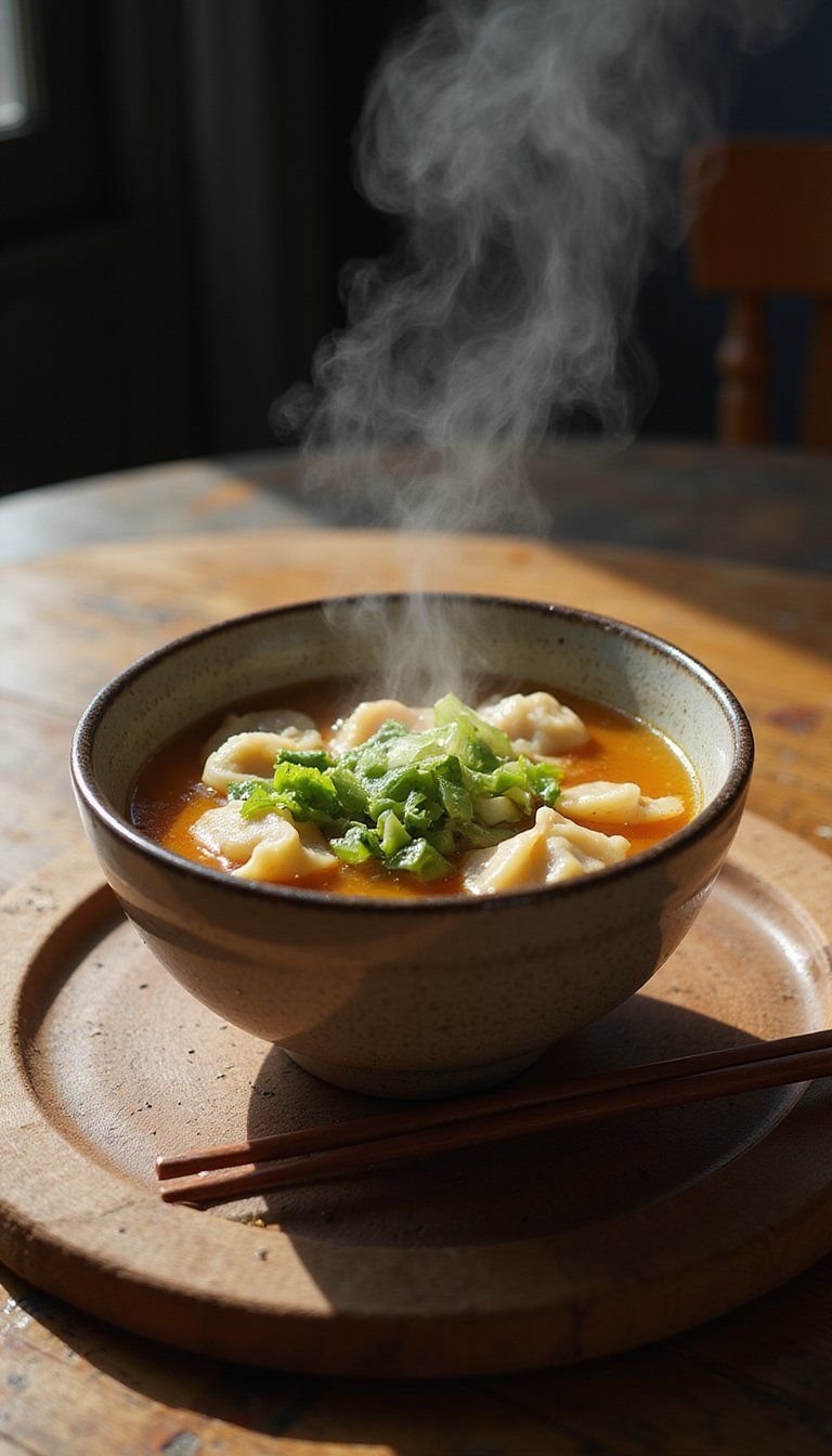 Dumpling Soup With Szechuan Broth And Greens