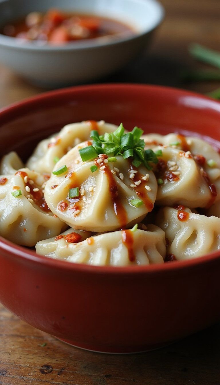 Scallion Oil Sauce Dumplings With Soy Drizzle