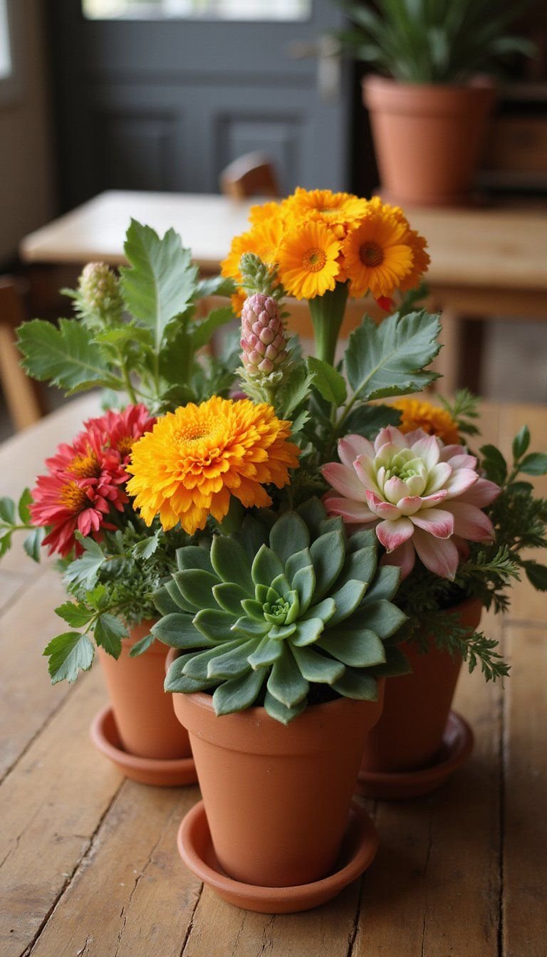 Bright Floral Centerpieces With Marigolds And Greens