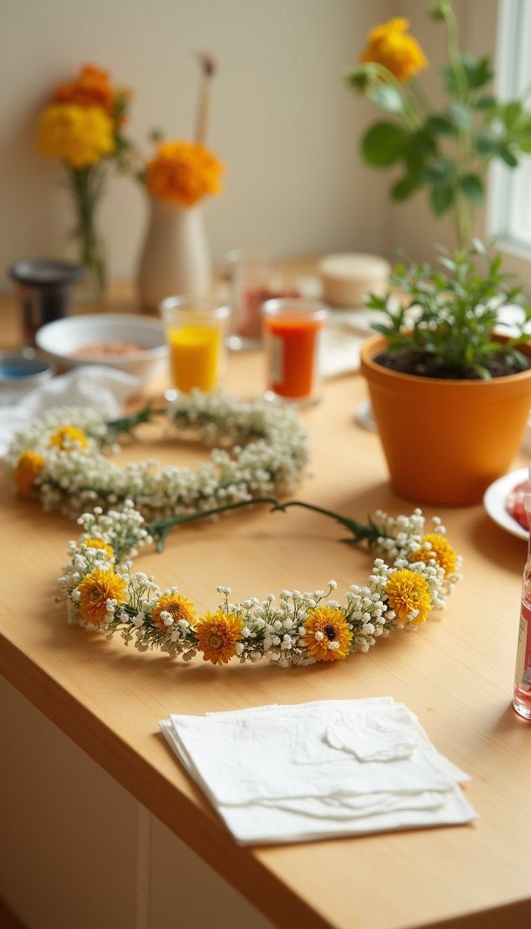 Festive Face Paint And Floral Crown Table