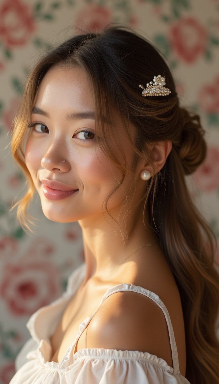 Romantic Side Bun With Pearl Claw Clip Accent