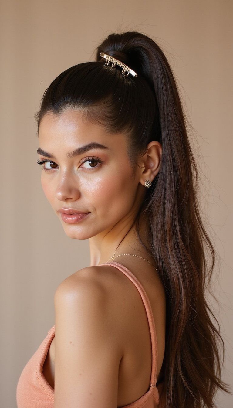 Sleek High Pony Secured With Claw Clip