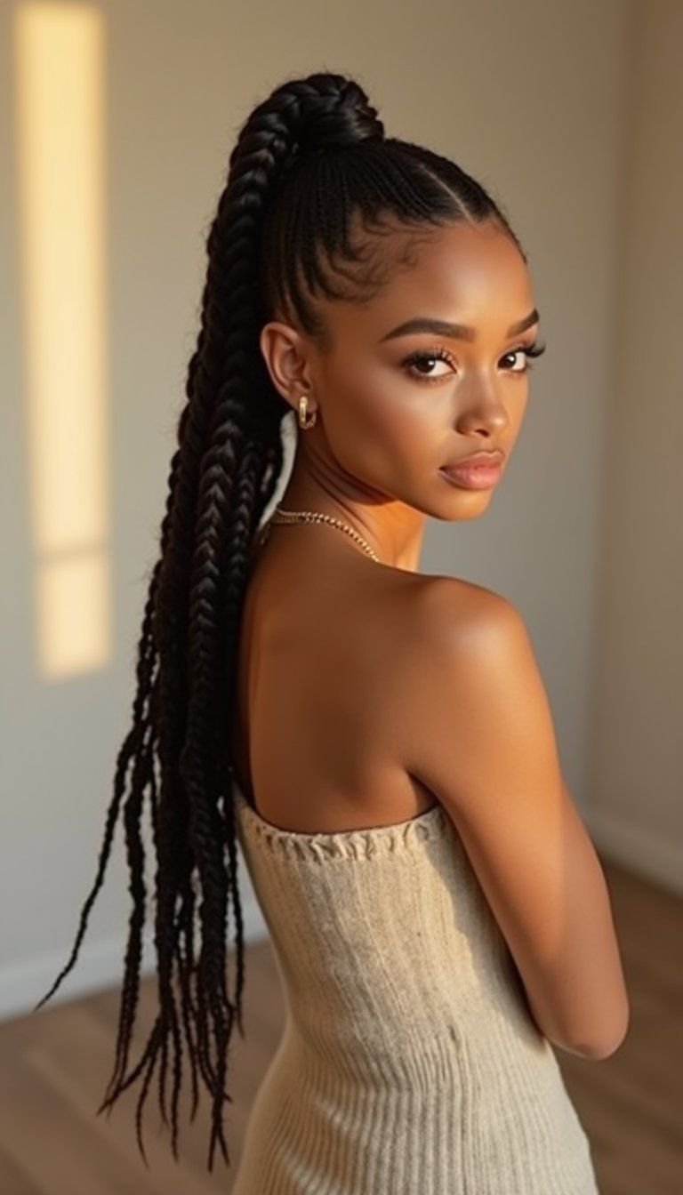 Braided Ponytail With Feed-In Cornrows Technique
