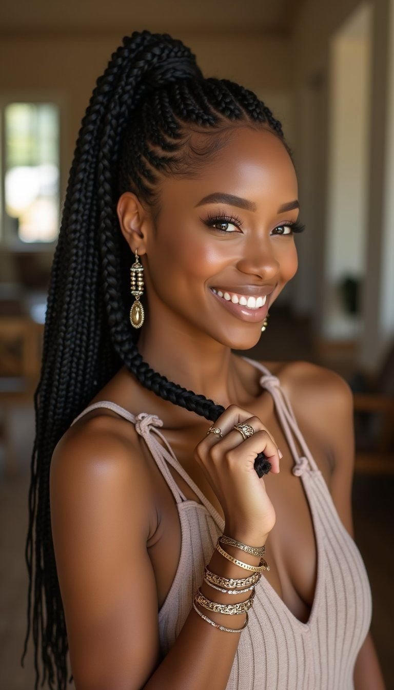 Bubble Braided Ponytail Accented With Metal Cuffs